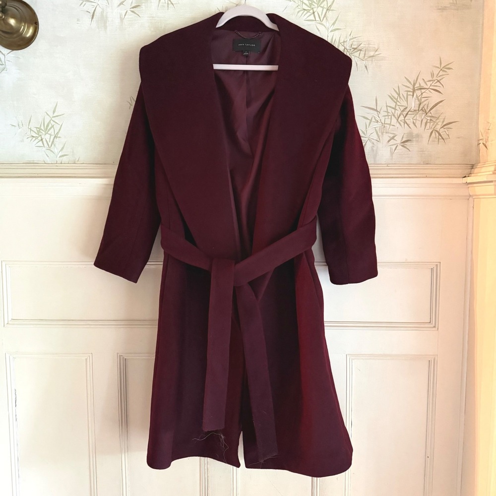 Ann Taylor Wool Blend Wrap Coat Burgundy Shawl Collar Belted Pocket Large Tall